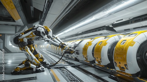 Fototapeta Naklejka Na Ścianę i Meble -  A robotic mechanical arm inspecting and servicing a row of futuristic hibernation pods in a high tech industrial facility