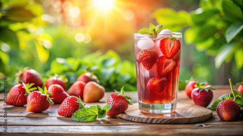 Refreshing Iced Strawberry Drink with Mint on Rustic Wooden Table Refreshing Iced Strawberry Drink with Mint on Rustic Wooden Table