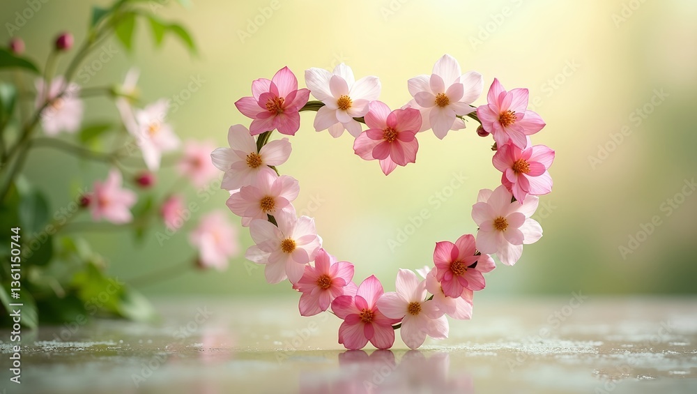 Obraz premium photo of a delicate pink and white heart made of flowers woven together background is a serene setting with greenery and a soft glow