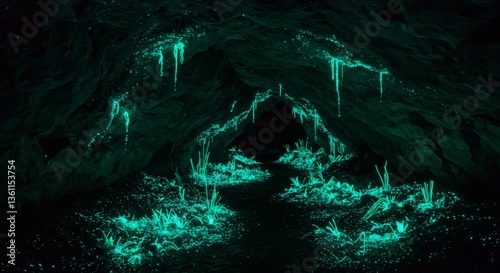 Enchanting Glow in the Dark Cave Entrance with Bioluminescent Plants and Stalactites