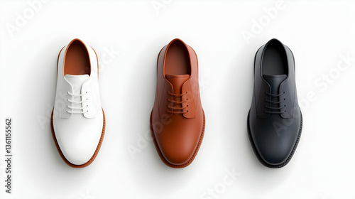 Three Pairs of Men's Leather Oxford Shoes in White Brown and Black on White Background