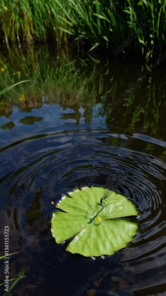 Aerial view of a green lily pad with a dragonfly, surrounded by rippling water, creating a serene, nature-focused video concept. Live mobile wallpaper. Aerial view of a green lily pad with a dragonfly, surrounded by rippling water, creating a serene, nature-focused video concept. Live mobile wallpaper.