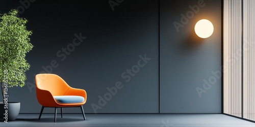 Contemporary interior featuring an orange chair plant and modern lighting