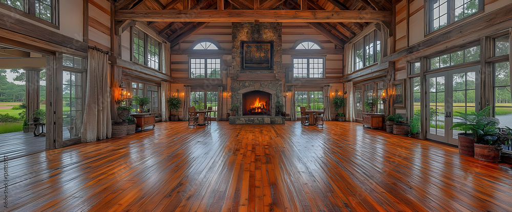 Fototapeta premium Large Rustic Interior Log Cabin with Fireplace