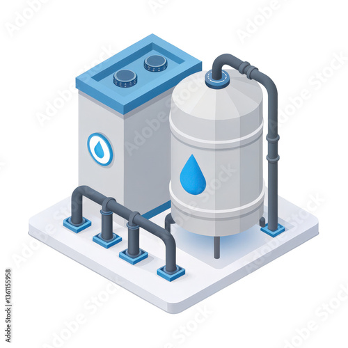 3D illustration of minimalistic water filtration system, featuring cylindrical tank with blue water droplet icon, connected pipes, and control unit