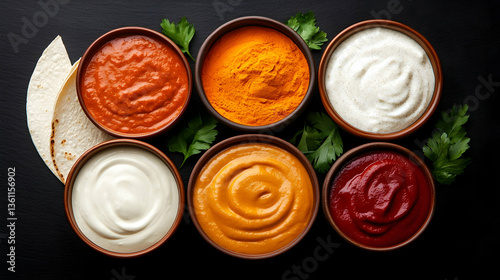 Top View of Six Colorful Indian Dips and Sauces on Dark Background