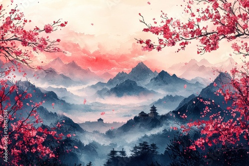 Serene Mountain Landscape with Cherry Blossom Trees and Ethereal Mist at Dawn, Capturing the Essence of Tranquility and Natural Beauty in a Dreamlike Atmosphere