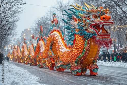 Colorful Dragon Parade Float Displayed in Snowy Winter Scene During Festival Celebration with Crowds Watching in Urban Setting