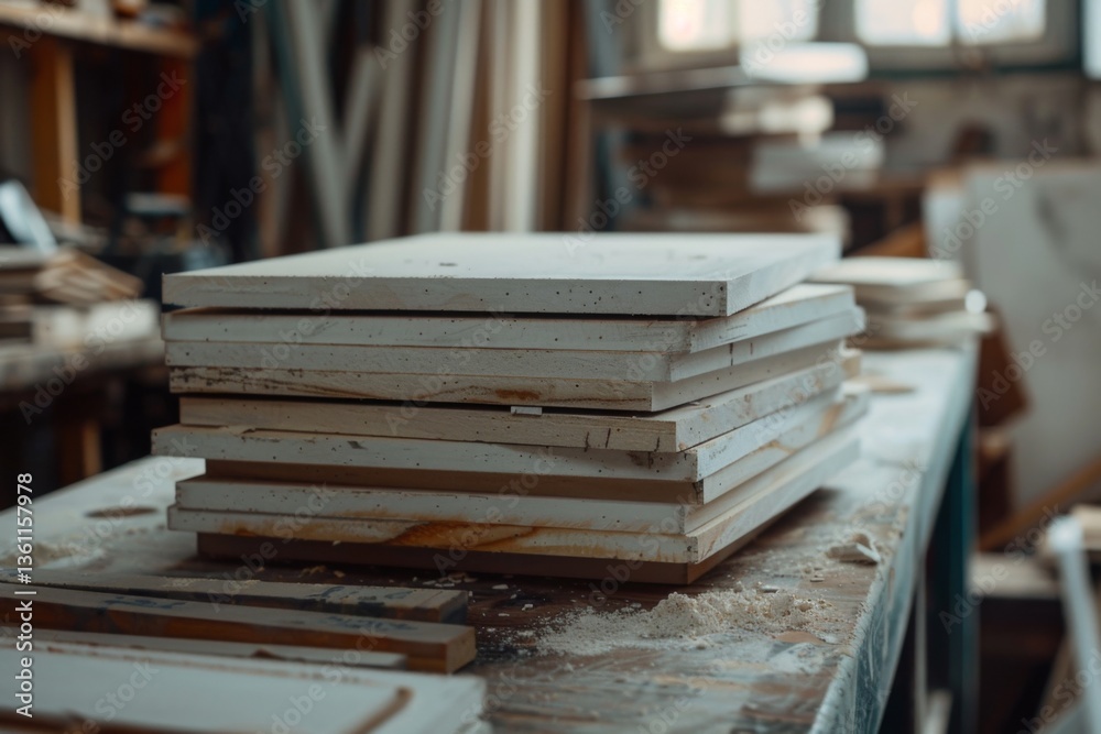 High angle shot shows a stack of white plywood boards neatly arranged on a workshop table with sawdust High angle shot shows a stack of white plywood boards neatly arranged on a workshop table with sawdust