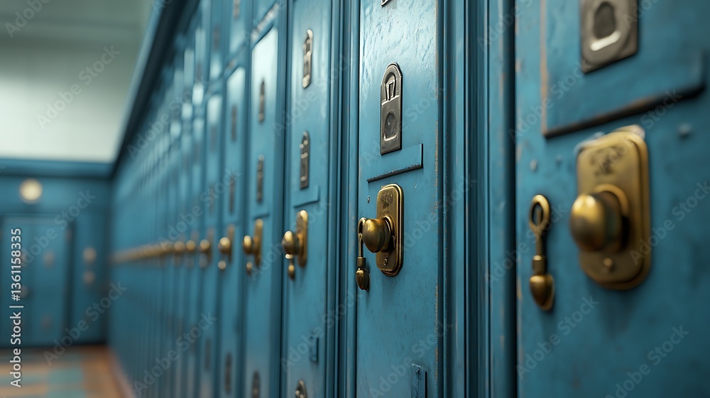 Fototapeta premium Old Blue Metal Lockers in School Hallway, Row of old blue metal lockers with rusty locks in a school hallway