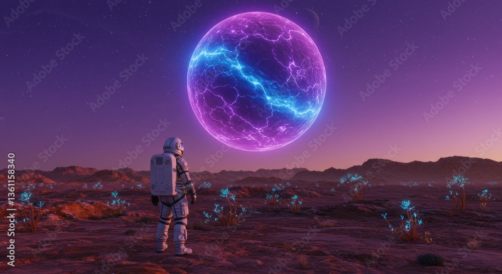 Astronaut Exploring Alien Planet with Glowing Flora and Energetic Orb Astronaut Exploring Alien Planet with Glowing Flora and Energetic Orb