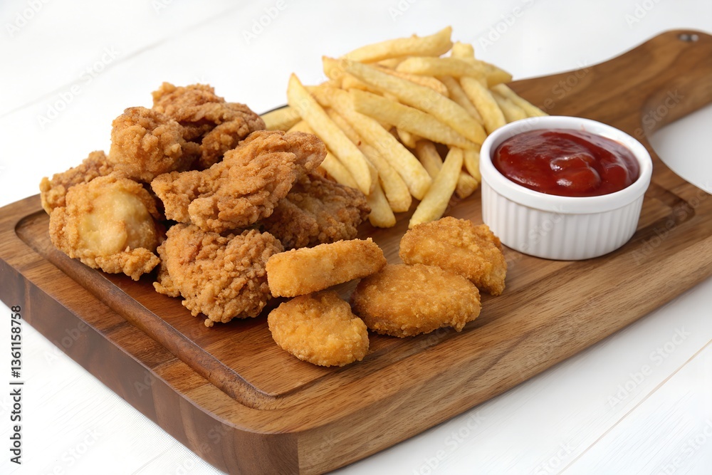 Naklejka premium Crispy Fried Chicken, Golden French Fries, and Tangy Ketchup: A Delicious Fast Food Feast on a Wooden Platter