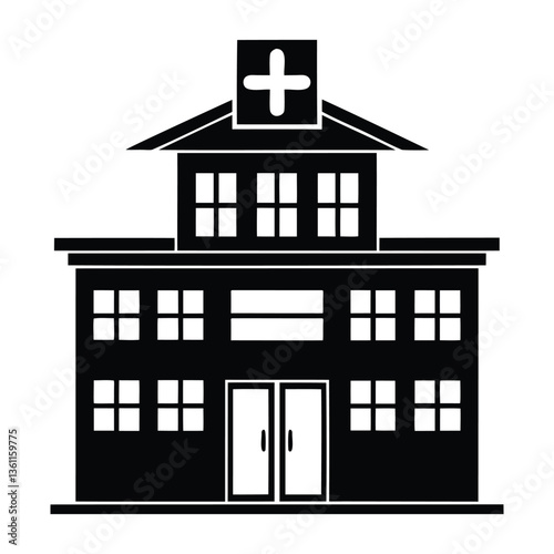 Hospital Building Silhouette with Cross, Front View Vector Illustration