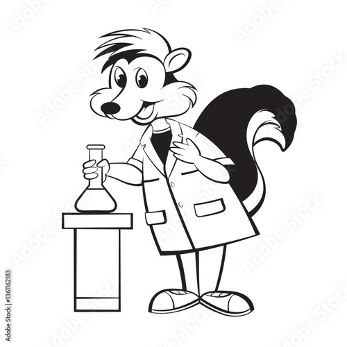 skunk cartoon keeping a beaker on stool vector art