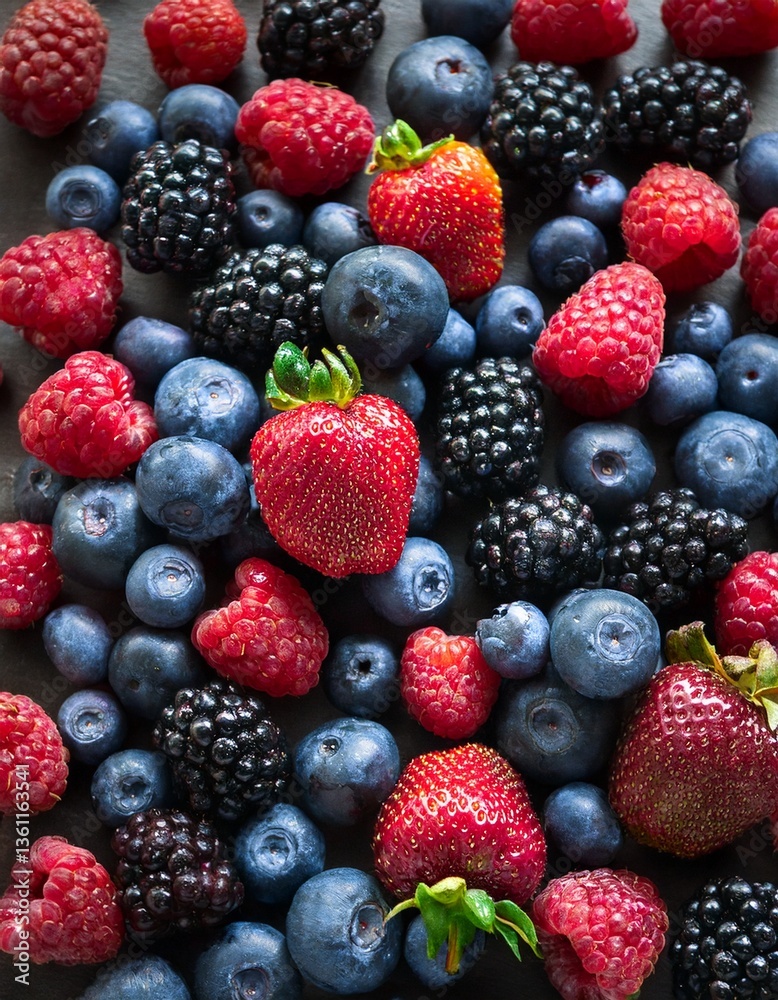 A vibrant assortment of fresh berries, including plump blueberries, juicy raspberries, glossy blackberries, and ripe strawberries, arranged in a visually appealing composition. A vibrant assortment of fresh berries, including plump blueberries, juicy raspberries, glossy blackberries, and ripe strawberries, arranged in a visually appealing composition.