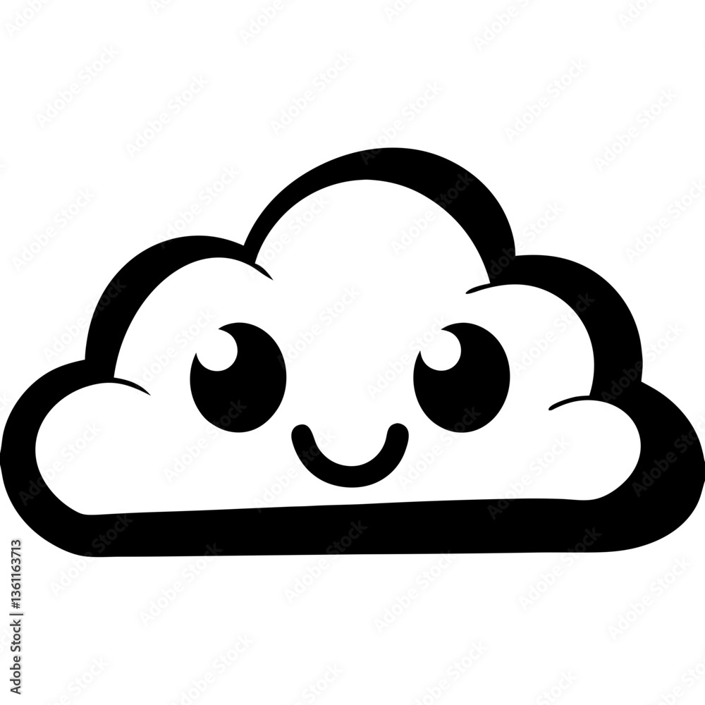 A cheerful, smiling cloud, a symbol of happiness and positivity, depicted in a simple, bold black and white illustration. A cheerful, smiling cloud, a symbol of happiness and positivity, depicted in a simple, bold black and white illustration.