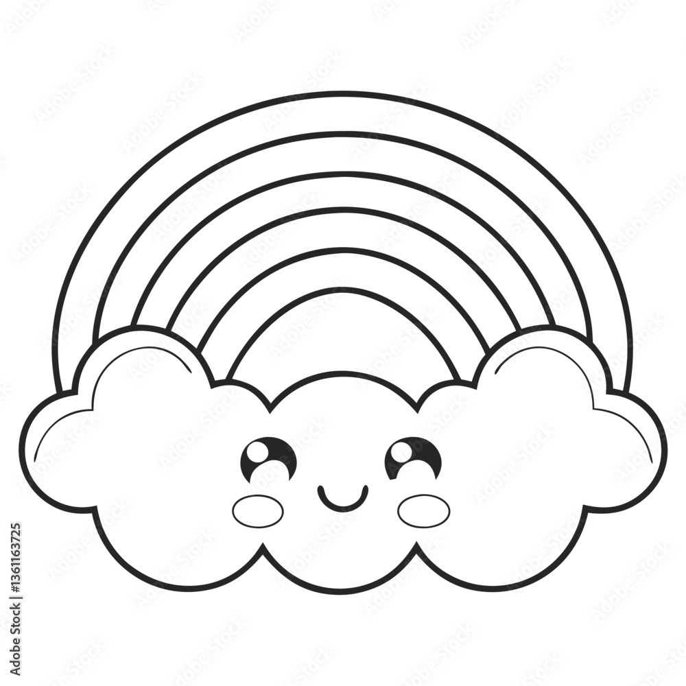 A cheerful, smiling cloud nestled under a vibrant rainbow, a whimsical scene of joy and hope, outlined in simple, bold lines. A cheerful, smiling cloud nestled under a vibrant rainbow, a whimsical scene of joy and hope, outlined in simple, bold lines.