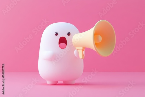 Cute cartoon ghost with megaphone expressing excitement on pink background