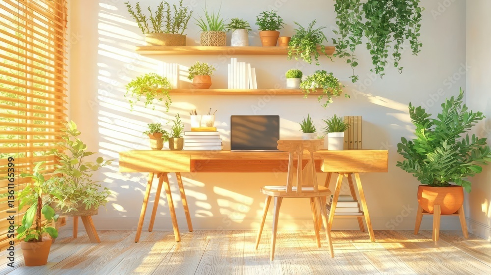Obraz premium Cozy and peaceful minimalist home office or study space with abundant natural greenery and wooden furniture flooded with warm natural sunlight through the window