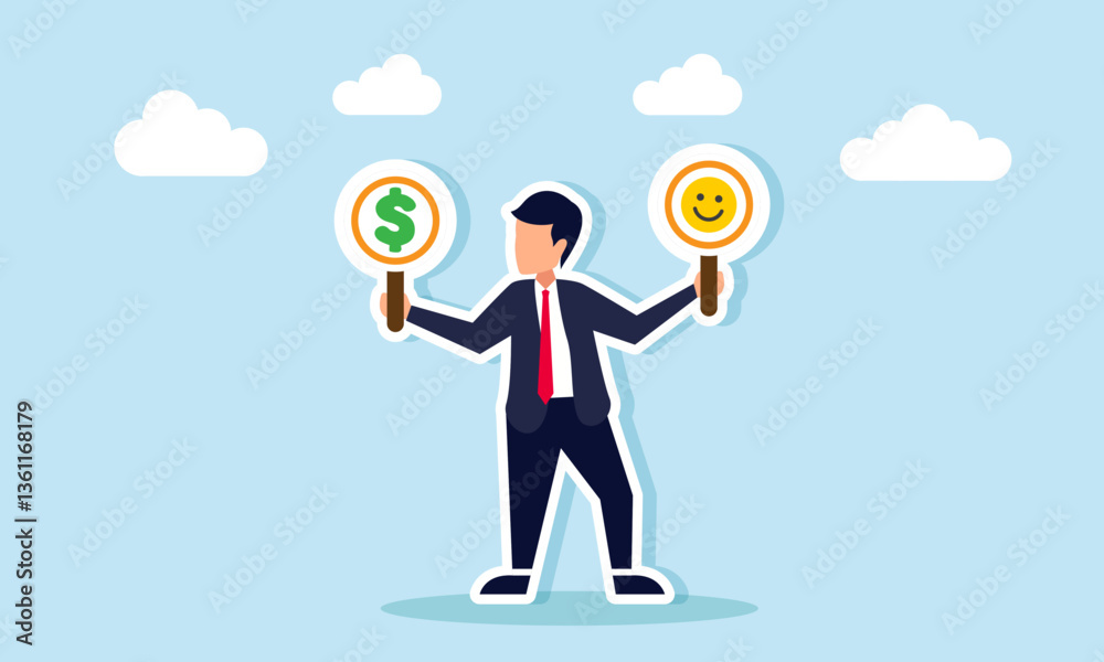 A businessman holds two boards in each hand, featuring a happy emoticon and a dollar sign, illustration of two choices between gaining profit or increasing market attention A businessman holds two boards in each hand, featuring a happy emoticon and a dollar sign, illustration of two choices between gaining profit or increasing market attention