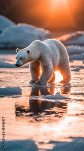 Obraz na płótnie Polar bear walking on icy terrain under a gentle Arctic sun. Vertical w salonie