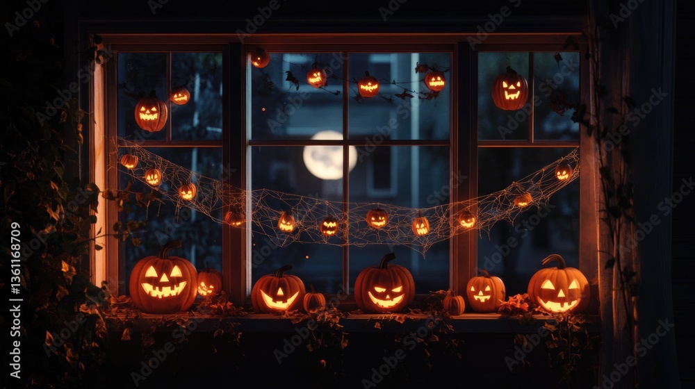 Obraz premium Halloween night decorative pumpkins with jack-o'-lanterns on windowsill. Halloween, All Hallows Eve, Samhain - Spooky Holiday Season, Fall Festival Celebration