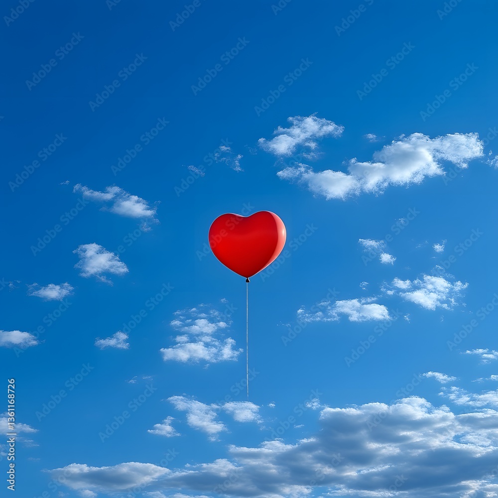 Red heart balloon floats in a clear blue sky Red heart balloon floats in a clear blue sky