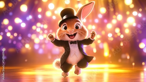 Energetic cartoon bunny in tuxedo dancing amidst sparkling lights. Easter, Pascha, Paskha, Ostern, Pascua, Paques - Orthodox and Catholic Holiday celebration