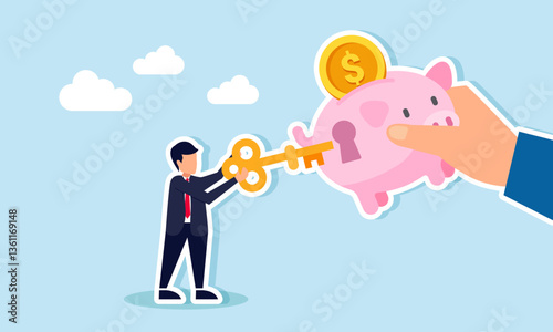 A businessman intends to insert a key into a hole on a piggy bank handed by another hand, illustration of a solution for business financial investment