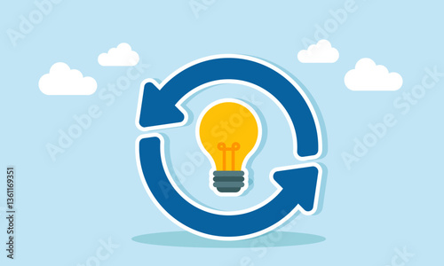 The recycle symbol surrounds a light bulb, illustration of a refresh related to business ideas and innovations