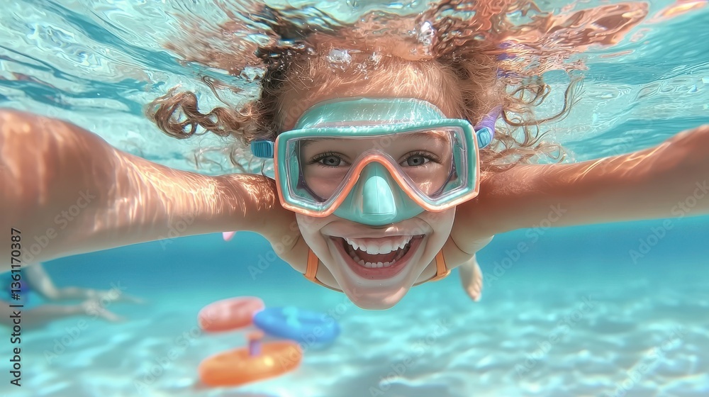 Naklejka premium Young girl with a big smile on her face swimming underwater and exploring the vibrant blue ocean with her snorkel mask on having a fun adventurous aquatic experience
