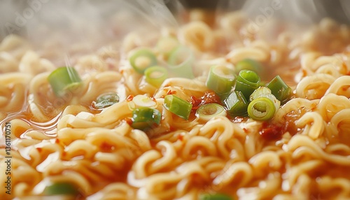 Aromatic steamy bowl of spicy ramen noodles topped with fresh scallions creating inviting culinary experience