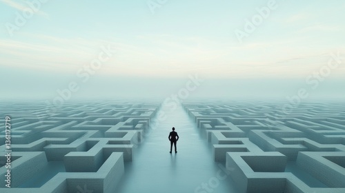 A lone figure stands at the center of a vast minimalist maze symbolizing the journey of life and the challenges we face in finding our path to success and fulfillment