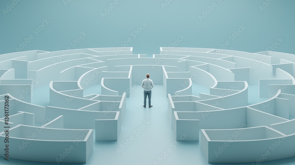 A solitary person standing in the center of an intricate architectural maze or labyrinth with geometric patterns shapes and a minimalist monochromatic color scheme A solitary person standing in the center of an intricate architectural maze or labyrinth with geometric patterns shapes and a minimalist monochromatic color scheme