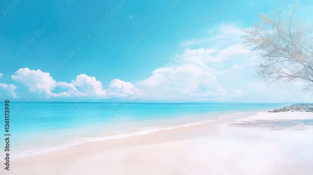 Stunning panoramic view of a pristine tropical beach with white sand turquoise ocean waters and a clear blue sky dotted with fluffy white clouds on the horizon Stunning panoramic view of a pristine tropical beach with white sand turquoise ocean waters and a clear blue sky dotted with fluffy white clouds on the horizon