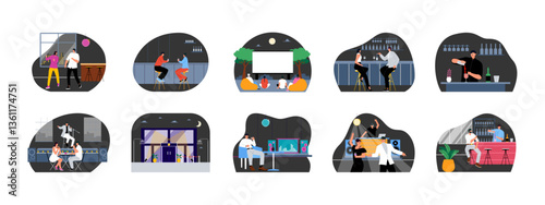 Nightlife set illustration. Flat vector illustration concept.