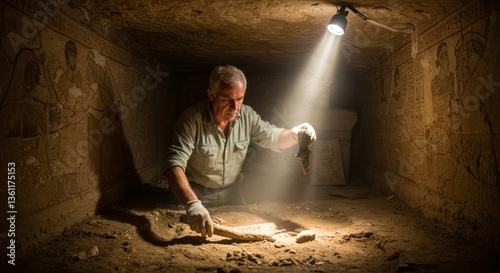 Archaeologist Examining Ancient Artifacts in Tomb Unearthing History Detailed Excavation