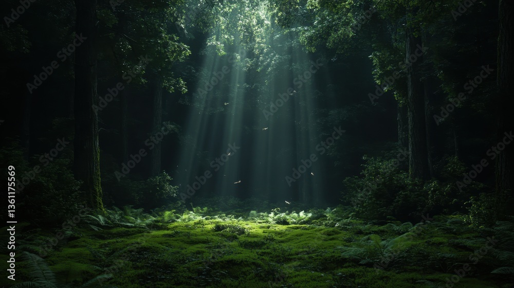 Fototapeta premium Enchanted forest scenery with sunbeams illuminating the lush greenery and mossy ground