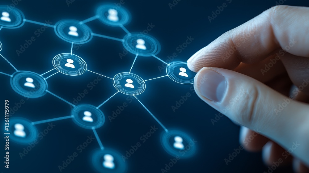 Global connection, hand navigating a network of interconnected dots symbolizing data flow and technological advancement Global connection, hand navigating a network of interconnected dots symbolizing data flow and technological advancement