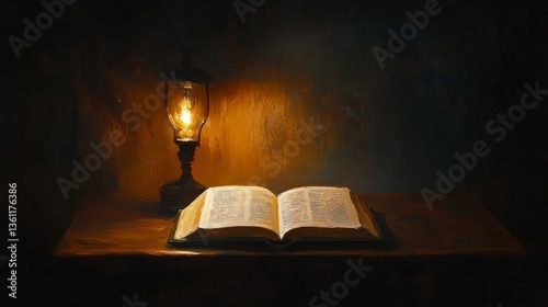 an intimate portrayal of an open holy bible on a simple wooden table in a dimly lit room the text on the pages is softly illuminated by a small, antique oil lamp, its warm glow creating a halo of