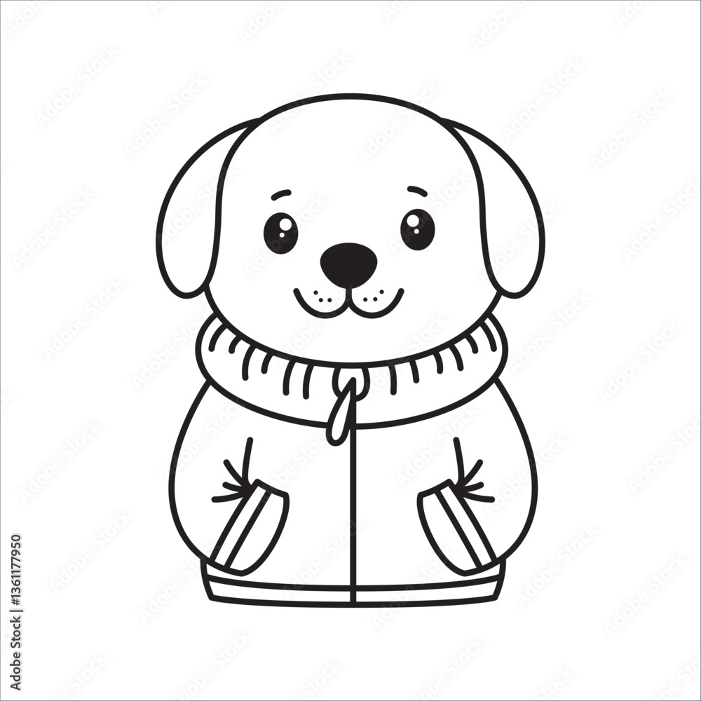 Obraz premium Adorable Happy Puppy Little Dog Pet Animal Cartoon Character Wearing Jacket in Line Art Design
