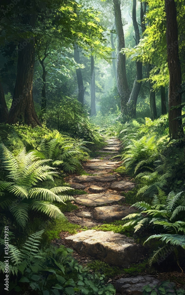 Fototapeta premium Walking Stone Path Through Green Forest with Ferns and Sunbeams