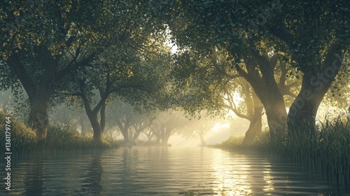 Tranquil Early Morning Scene with Mist Over Calm Water and Dense Trees in a Serene Natural Setting