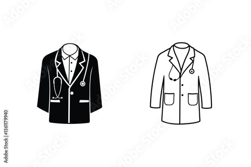 Doctors Attire Black Suit, White Coat, Medical Uniforms, Stethoscope Icons