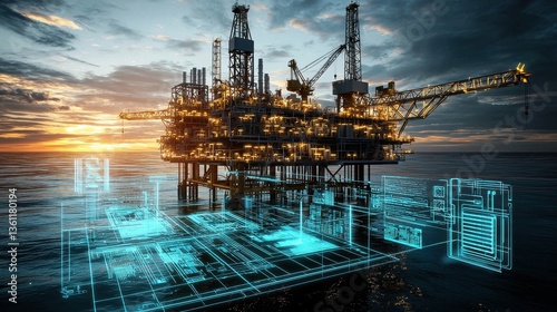 Offshore oil and gas drilling platform operating in the sea at sunset extracting valuable energy resources from the depths  Advanced technology and are used for this complex industrial process