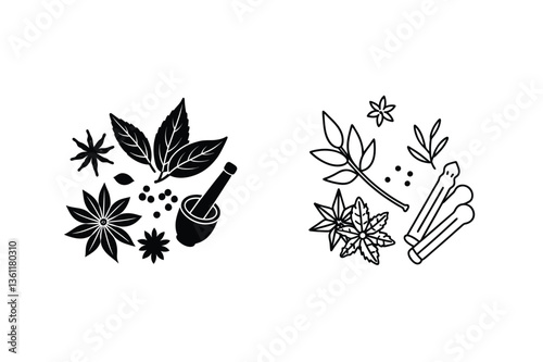 Culinary Spice Illustrations Star Anise, Bay Leaves, Cinnamon, Mortar