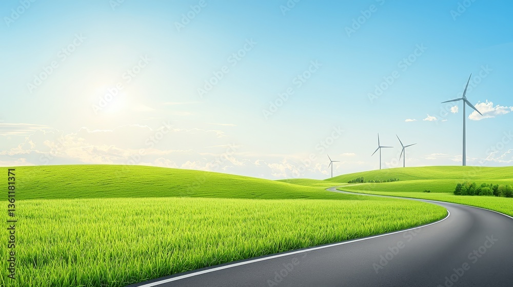 Obraz premium Sustainable energy, scenic road leading to wind turbines in a green field 