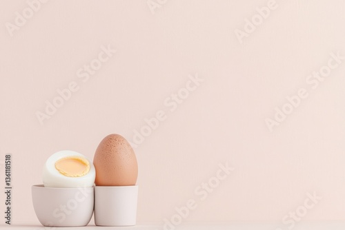 single softly lit boiled egg with clean modern egg cup set against gentle off-white background scene offers abundant