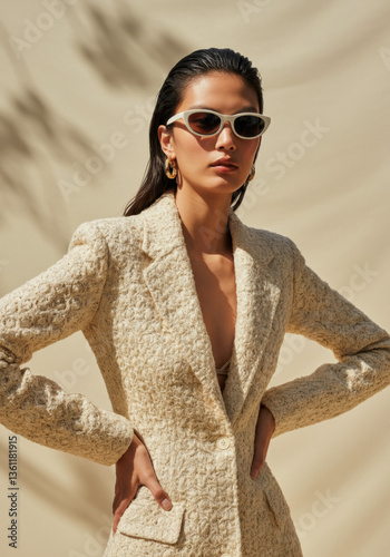 Confident Woman in Stylish Textured Blazer and Sunglasses