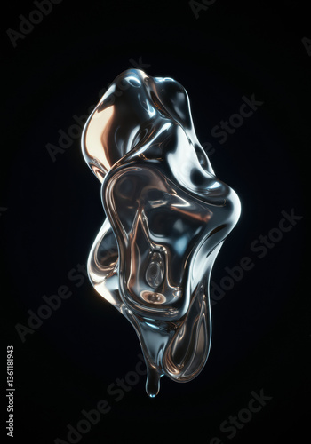 Abstract Metallic Fluid Form on Black Background